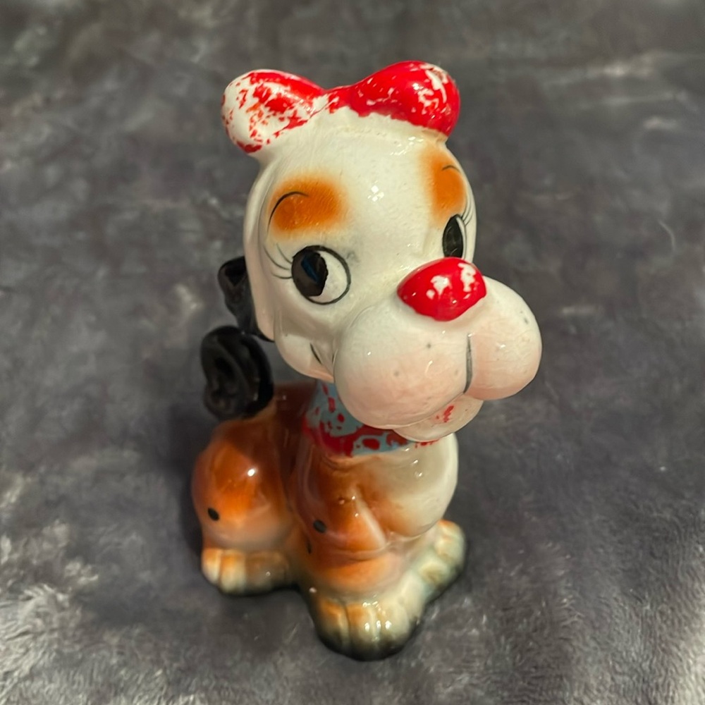 Vintage ceramic sweet little Dog Figurine in bow tie-missing paint on red areas